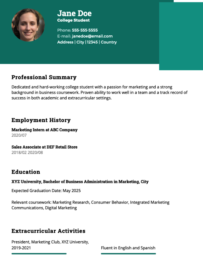 College Student Resume Example